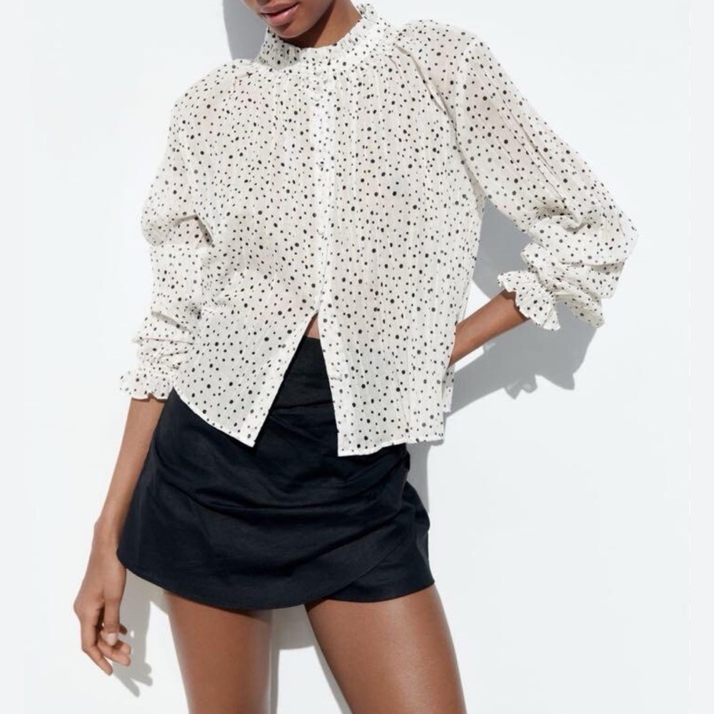Zara ZARA WOMEN PLEATED CHEMISE POLKA DOT SHIRT TOP 8741/048 SZ M